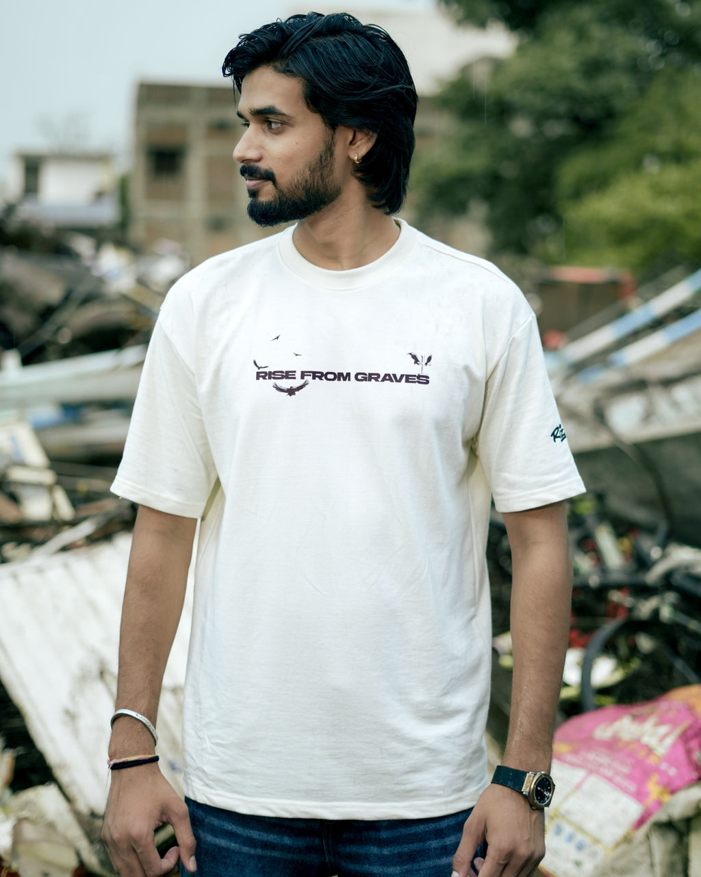 Rise From Graves : Oversized Off White Tee