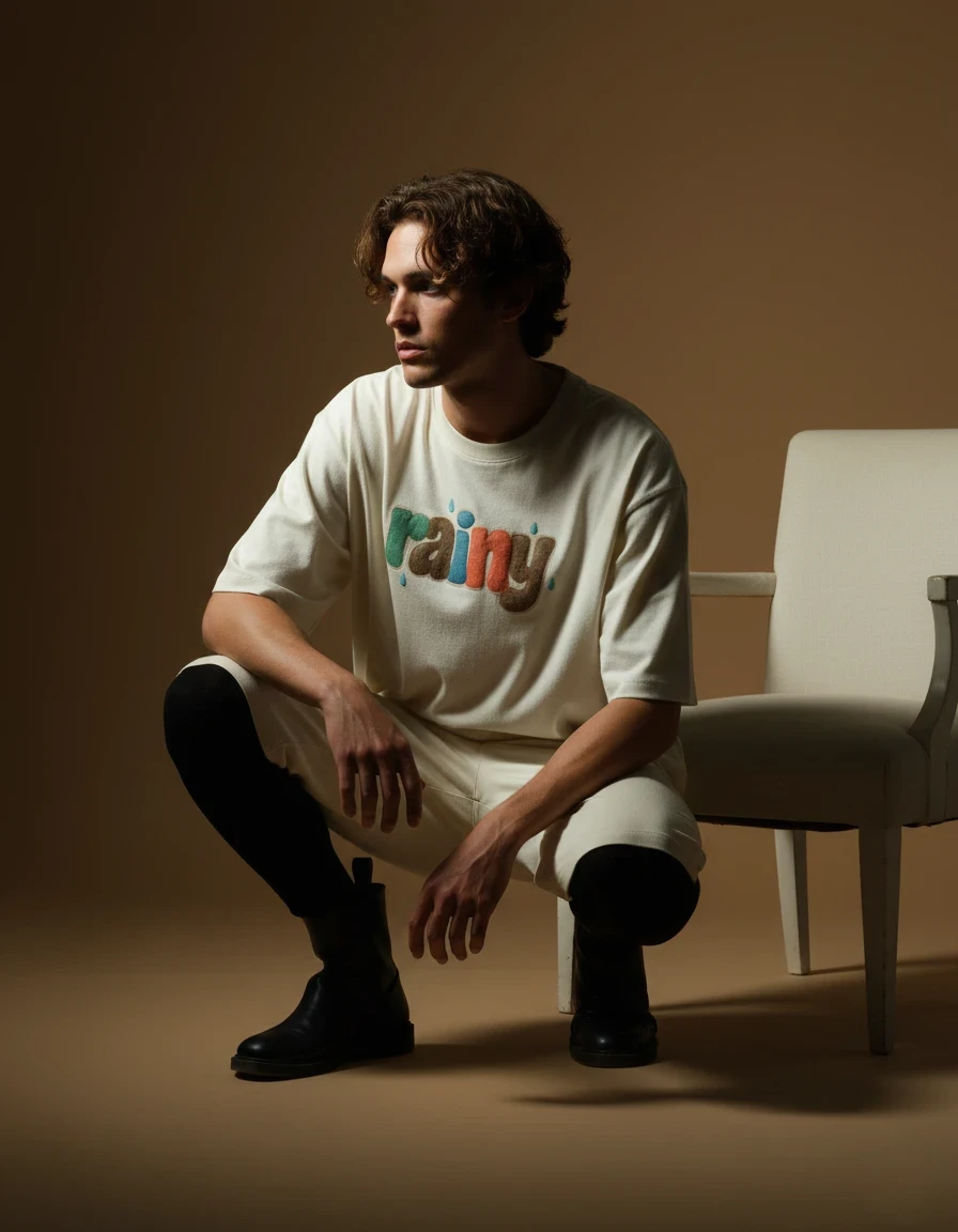 Off-White Oversized T-Shirt with Puff Print "Rainy" Design