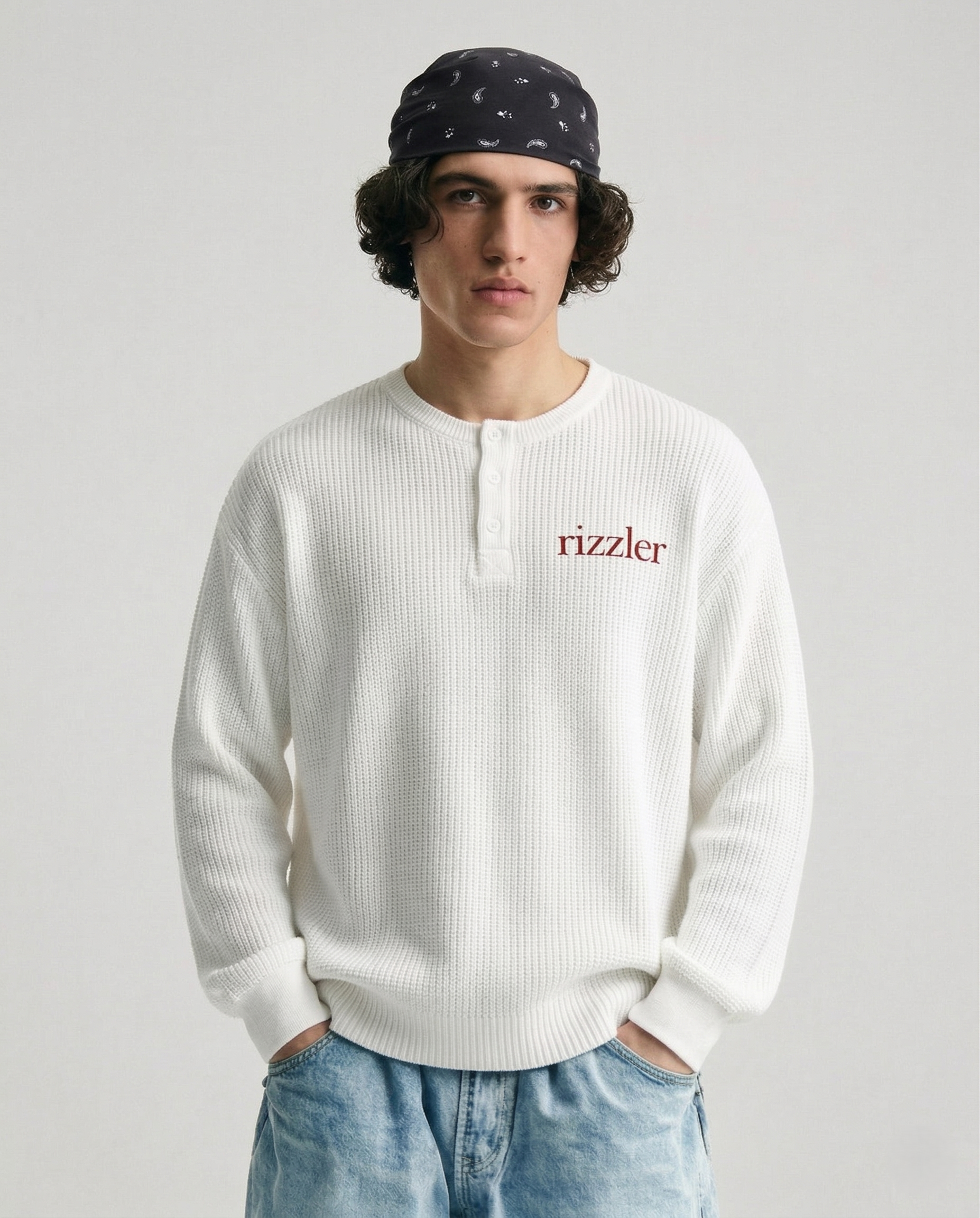 Dream Script : Henley Waffle-Knit Long Sleeve T-Shirt