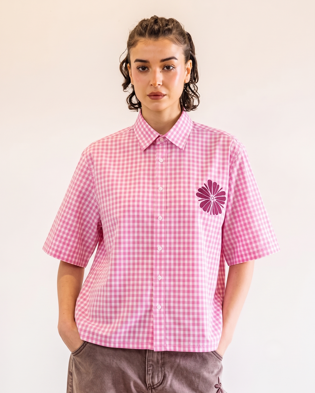 PETALGRID : Pink Gingham BoxyFit Shirt