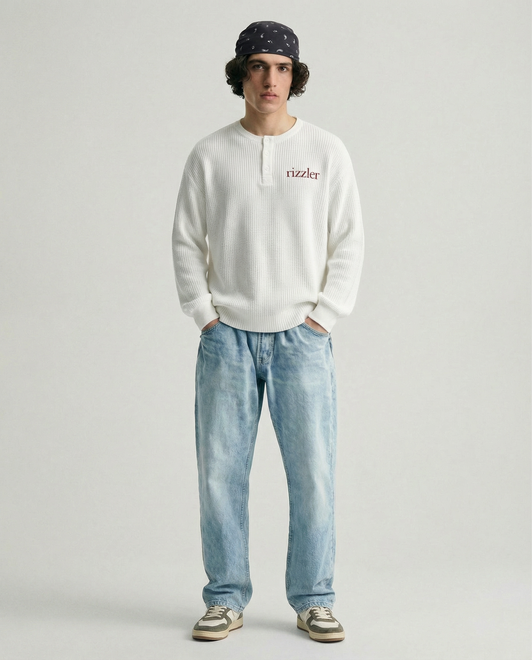 Dream Script : Henley Waffle-Knit Long Sleeve T-Shirt