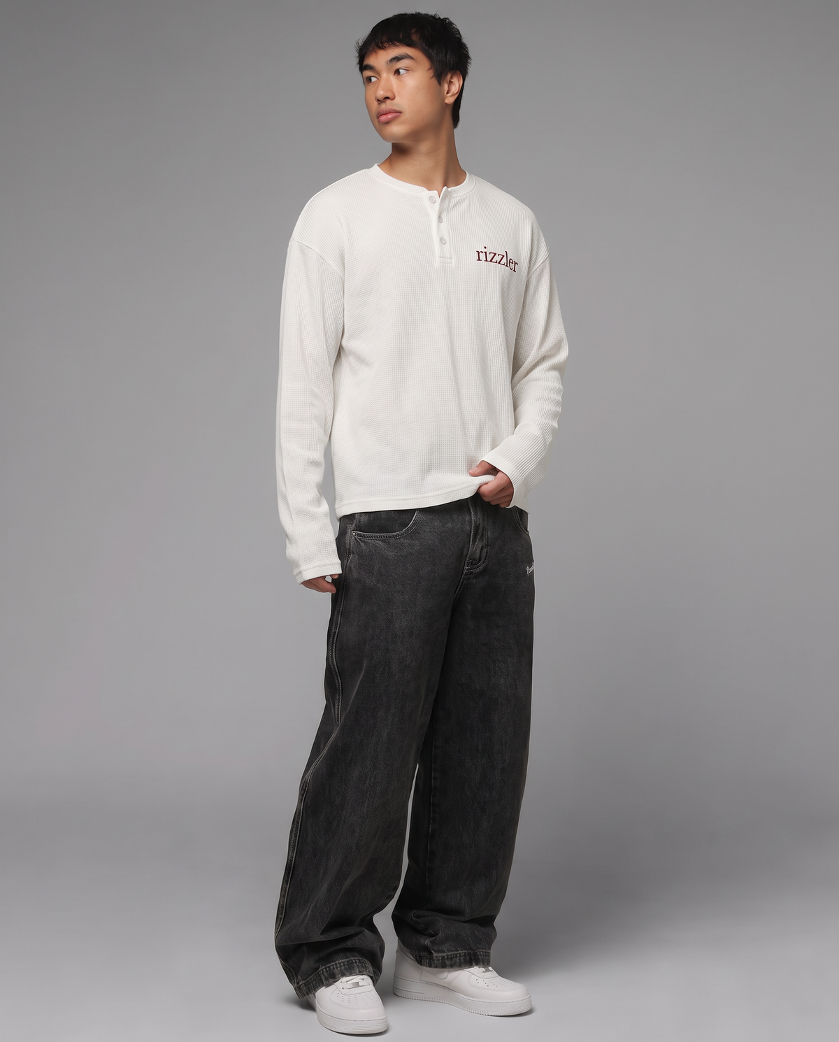 Dream Script : Henley Waffle-Knit Long Sleeve T-Shirt