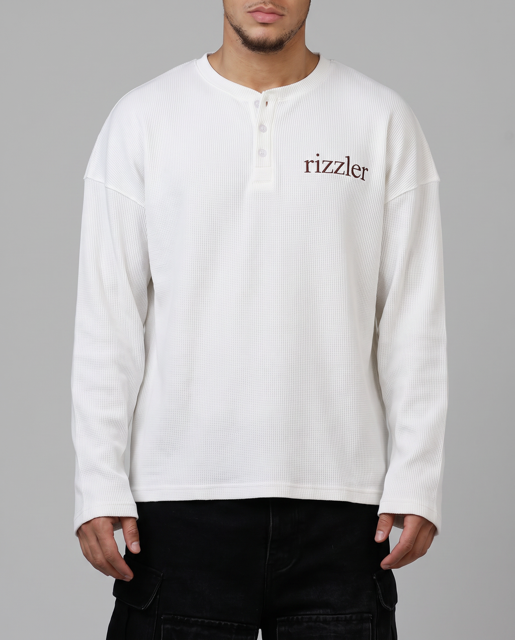 Dream Script : Henley Waffle-Knit Long Sleeve T-Shirt