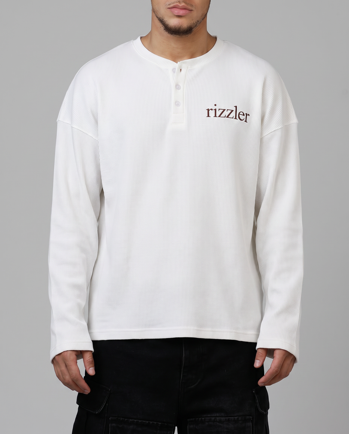 Dream Script : Henley Waffle-Knit Long Sleeve T-Shirt